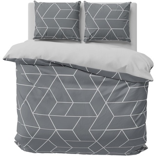 one-home Bettwäsche Mikrofaser Garnitur Bettbezug modern viele Muster mit Reißverschluss, Farbe:Geometrisch grau, Größe:3 teilig 240x220 cm