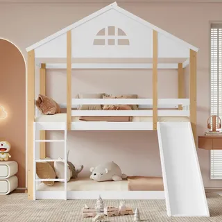 Flieks Etagenbett 90x200cm mit Rausfallschutz, Kinderbett mit Rutsche und Leiter, Hochbett mit Lattenrost, Hausbett Einzelbett Massivholzbett - Naturbelassen/Weiß