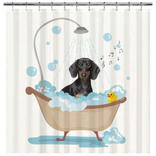 BAGEYOU Lustiger Hunde-Dackel in Badewanne, Duschvorhänge, niedlicher Welpen, der eine Dusche macht, wasserdichtes Polyestergewebe, 183 x 183 cm, mit 12 Haken