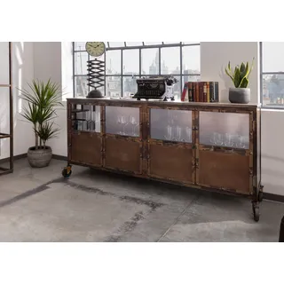 Industrial Loft Style Sideboard Mangoholz Metal Vitrine Kommode m. Rollen braun