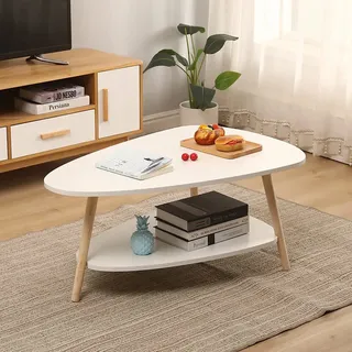 Willonin Ovaler Beistelltisch, Zweischichtiger Couchtisch mit Holzbeinen, Weiß 90 * 60 * 40cm | Platzsparender Beistelltisch im Skandinavischen Design