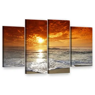 Visario Leinwandbild 4-teilig XXL 120x80 cm 6038 - Sonnenuntergang am Meer - Goldenes Licht über den Wellen - Wandbild-Set fertig aufgespannt auf Holzrahmen