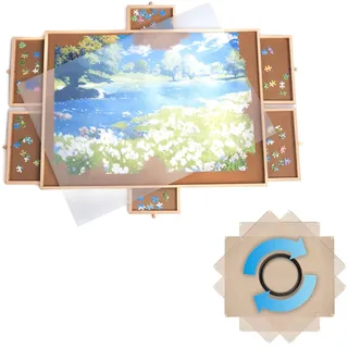 Drehbares Puzzle Board mit Schubladen & Abdeckplatte – Puzzletisch für 1500 Teile, 360° rotierbar, Rutschfester Filz, Sortierfächer, stabiles Holzbrett zum Puzzeln