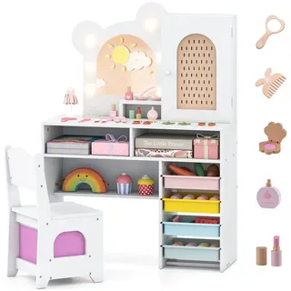 KOMFOTTEU Schminktisch, Kinderschminktisch mit Stuhl, Spiegel, 4 Fächer, Schrank weiß