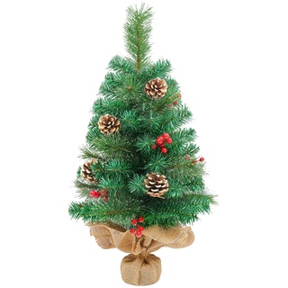 Weihnachtsbaum klein 60cm, Uten Tannenbaum Künstlich Deko mit Beeren und Tannenzapfen, Zementbasis, Christbaum Tischdeko