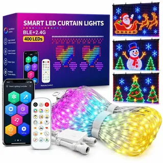 Smart RGB LED Curtain Lights, 400 LED Outdoor Wall Display with App&Remote | DIY Christmas Patterns, 6 Dynamic Modes, Timer, Memory for Indoor Outdoor Holiday Home Decor
