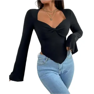 Rongseng Damen Langarmshirt Sweetheart Ausschnitt Oberteil Elegant Langarm Crop Top Sexy Fitted Tees Shirt Twist Front Asymmetrisches Langarm Pullover Trendy Casual Longshirt Bluse Rüschen Streetwear - L