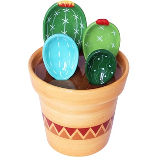Keyohome 5 Stück Messlöffel Set im Topforganizer,Keramik Cactus Set,Keramik Kaktus Messlöffel mit Messbechern und Löffeln,für Küche Trocken Nass Messung Flüssigkeit Lebensmittel Salz und Zucker (A)
