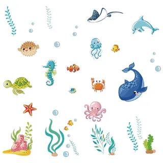 Runtoo Wandtattoo Unterwasserwelt Wandsticker Meerestiere Fisch Wandaufkleber Bad Kinderzimmer Babyzimmer
