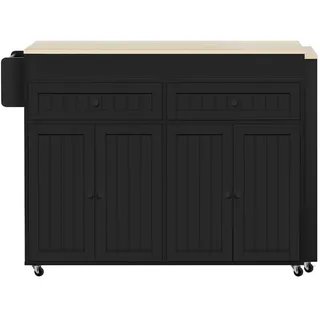 OKWISH Kücheninsel MDF Schwarz/Natur 112-180,5x45x92,2 cm mit ausziehbarer Arbeitsplatte und Rollen