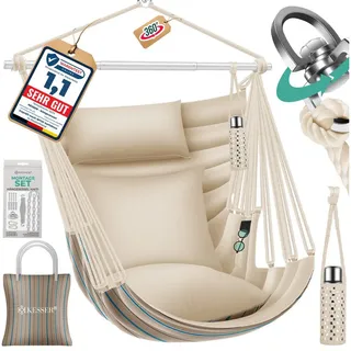 KESSER Hängesessel Haiti 150kg Traglast, Indoor & Outdoor Hängestuhl (Hängeschaukel mit 2 Kissen, Tragetasche, Flaschenhalter & Montage-Set), 360° Hängematte Pflegeleicht, UV-beständig & Wasserfest beige