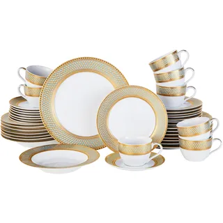 Porzellan-Geschirr-Set mit echtem Goldrand (geometrisches Muster, Service für 8 Personen)