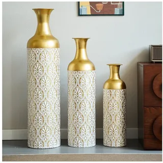 BlingBin Bodenvase Bodenvase Große 3er Set (50/66/83 cm) - Metallvasen mit Rillenmuster (3er Set, 3 St., Groß: 20*20*83CM/Mittel: 17*17*65CM/Klein: 14*14*50CM), Dekorative Vase für Wohnzimmer, Flur und Schlafzimmer, Weiß+Gold weiß