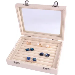 POFET Ring-Aufbewahrungsbox, Schmuckkästchen, 7 Fächer, Samt, transparenter Deckel, Ohrring-Organizer, Schmuck-Tablett, Manschettenknöpfe, Aufbewahrungsbox für Ringe, Ohrringe