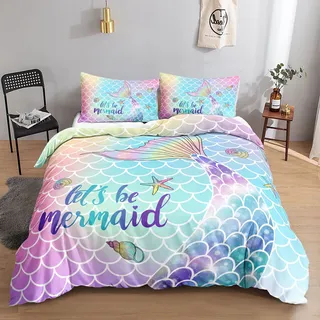 HOSIMA Meerjungfrau-Bettwäsche-Set für Mädchen, Kinder, Regenbogenschuppen, Aquarell-Meerjungfrauenschwanz und Muscheldruck mit 2 Kissenbezügen (Meerjungfrau M)