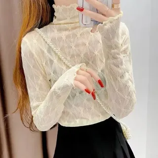 Damen Spitzen-Mesh-T-Shirt mit langen Ärmeln und Rollkragen, schmale Passform, Pullover-Top mit ausgeschnittenem durchsichtigem Design für Freizeit, Party und Urlaub, in einfarbigen Farben (L Aprikose