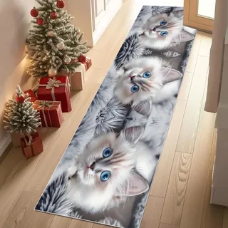 Meugesoi Nette Katze Teppich Läufer rutschfest Waschbar 80x200 cm, Kawaii Kätzchen Tiere Flurteppich Küchenteppich Teppichläufer für Bettvorleger Wohnraum Flur Waschküche