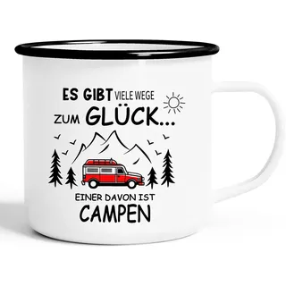 Emaille Tasse Camping Becher zum Campen Ausrüstung Geschenke für Camper Familie Womo-Bewohner Freunde Deko für Wandern Wohnwagen Wohnmobil Ausflüge Campingurlaub Zubehör, weiß-schwarz, 300ml