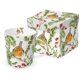 Kaffeebecher Rotkehlchen im Baum mit Geschenkbox, Tasse Tiere Tier Geschenkset Vogel