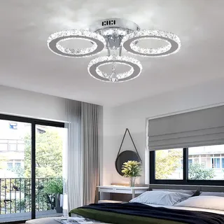 Moderne Kristall LED Deckenleuchte, Kaltweiß 6000K Diamant-Kristallleuchter, Design-Deckenleuchte mit 3 Kristallringen, Edelstahl Pendelleuchte Deckenbeleuchtung für Wohnzimmer Schlafzimmer Küche Flur