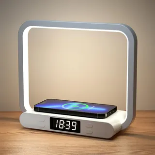 VOSFEEL Nachttischlampe mit 15W Kabelloser Ladefunktion & USB-Anschluss, Nachttischlampe mit Uhr,Touch Dimmbar 3 Helligkeitsstufen Tischlampe Für Schlafzimmer Wohnzimmer Büro