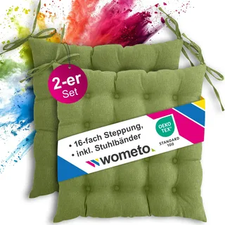 Wometo 2er Set Sitzkissen Stuhl 40x40 Oeko-TEX - grün grasgrün Sitzpolster mit Bändern / Schleife, Indoor und Outdoor