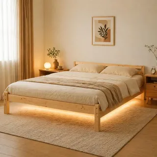 FurnitureR Massivholz Doppelbett 140x200 cm mit LED Beleuchtung, Kiefernholz Bettgestell, Niedriges Kopfteil, Stabile Lattenrost-Unterstützung, Bett mit Stauraum, Natur