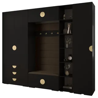 Abiks Möbel Garderoben-Set, Schwarz, Braun, Gold, Holz, Nachbildung, 2-Sitzer, 13 Fächer, 290x236.7x47 cm, Garderobe, Garderoben-Sets & Serien, Garderoben-Sets