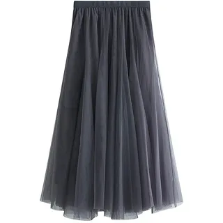 Damen Rock Sommer Langer Tüllrock A-Linie Faltenrock 83cm Länge Knöchellang Hoher Bund Schick Maxirock Elastisch Taille, Grau - 36-40