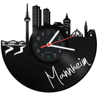 GRAVURZEILE Wanduhr aus Einer echten Schallplatte - Wähle eine Stadt - 30cm Groß lautloses Uhrwerk - Schallplattenuhr, ideale Geschenkidee Skyline Mannheim