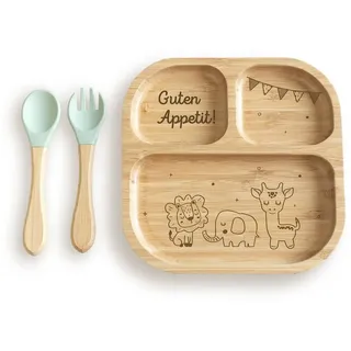 hellomini Kindergeschirr-Set Babyteller "Safari" Bambus Teller mit mint Besteck (1-tlg), 1 Personen, Bambus, Silikon, BPA-frei, mit Motiv, rutschfest,Saugnapf, Montessori-Fächer beige