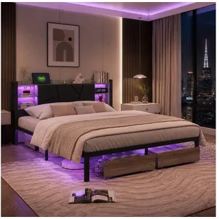 Simurq Polsterbett 160x200cm LED PU Rückenlehne 2 Schubladen Lichtband (Geeignet für Erwachsene und Doppelbett), LED,PU‐Rückenlehne,2 Schubladen,Lichtband,Lattenrost schwarz