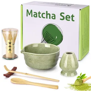 Premium 6-teiliges Matcha-Set aus Japan, Keramikschale mit Auslauf, handgefertigter Bambus-Besen (76 Borsten), Besenhalter aus Keramik, Messlöffel & Halter – ideal für Tee-Zeremonie & Geschenk (Grün)