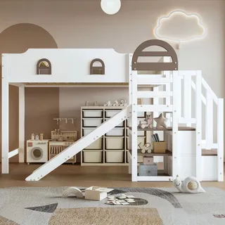 Odikalo Kinderbett Etagenbett Fenster Rutsche Treppen Schließfächer Stauraum Weiß 90x200cm