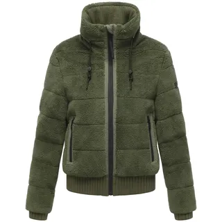 Navahoo Damen Teddy-Fleecejacke warme Winterjacke Plüschjacke mit Rippstrickdetails Schneepuder 14 Olive Leaf Gr. XL - XL