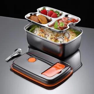 Brotdose Edelstahl 2000ml, Auslaufsichere Lunchbox für Erwachsene & Kinder | Bento Box mit 3 Fächern & 2 Ebenen, Brotzeitdose Metall inkl. Löffel, Jausenbox für Schule, Büro & Picknick