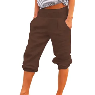 Onsoyours Damen Baumwolle Leinen Capri Hose Sommer Leicht 3/4 Länge Kurze Chino Hose Lässig Einfarbig Strandshorts Stoffhose Freizeithose Baggy Z4 Braun M - M