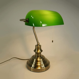 Tischleuchte Bankerslamp mit Zugschalter E27 (Höhe ca 37,5cm) Bankerlampe grün Schreibtischleuchte antik messing Schirm grün Arbeits-Nachttisch-Tischlampe-Leuchte antik retro Nostalgie