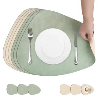comfoyar Tischsets und Untersetzer Leder Oval 6er Set, Rutschfeste Doppelseitigen Platzsets Abwaschbar, Wasserdicht Platzdeckchen für Küche, Esszimmer Partytisch Dekoration (Hellgrün Weiß 33 x 42cm)