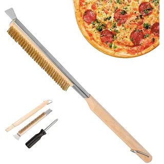 55cm Profi Pizzaofen Bürste mit Edelstahlschaber & Messingbürste Borsten, Holzgriff Reinigungsbürste Pizza Zubehör, Pizzastein Brush Grillbürste Pizzaofenbürste für Outdoor Öfen Tragbare Oven Gasgrill