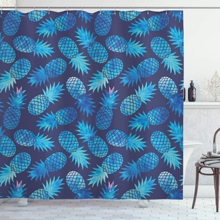 ABAKUHAUS Modern Duschvorhang, exotische Ananas, Stoffliches Gewebe Badezimmerdekorationsset mit Haken, 175 x 220 cm, Nachtblau Türkis