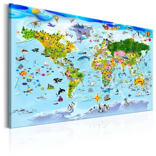 B&D XXL - Leinwandbild Weltkarte blau Tiere, 120x80 cm, 1-teilig, modern | Hochwertige Leinwand, sofort aufhängbar, ideal fürs Wohn- oder Schlafzimmer, wasserfest und lichtecht, langlebig, stilvoll