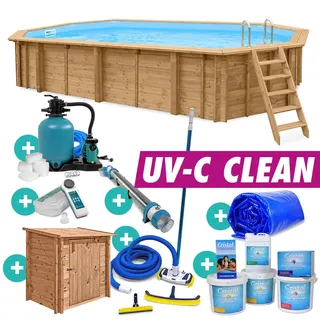 Holzpool Oval Bali 8-Eck 840x490x138 cm Komplettset UVC Filter Pumpenhaus