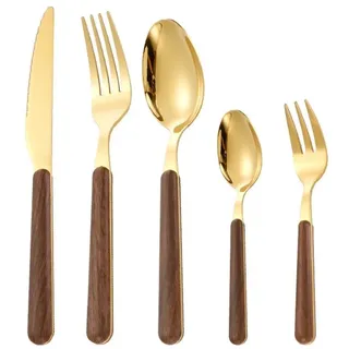 Royal Shang Youpin Holzgriff Küche Edelstahl Besteck Geschirr Besteck Besteck 5-teiliges Set Steakmesser Gabel Löffel Teelöffel (Gold,5 Stück)