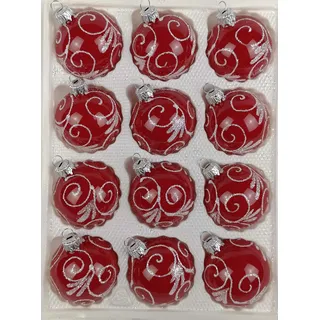 12 TLG. Glas-Weihnachtskugeln Set in Hochglanz Modern Rot Weisse Ornamente - Edle Neuheit - Christbaumkugeln - Weihnachtsschmuck-Christbaumschmuck