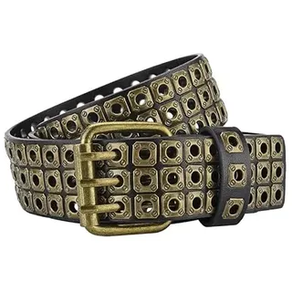 NALANY Nietengürtel Mit 3-Lochnieten, ösen Und Dornschließe Für Damen Und Herren Metall Punk Rock Glitzer Rivet Hohle Ledergürtel,40mm Breit(110cm/43, Gold), 1771384