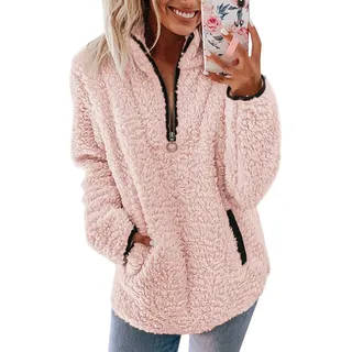 Nilimoph Pullover Damen Fleecepullover Teddyjacke Teddy Flauschiger Teddyfleece Jacke Kuschelpullover Winterjacke Fleecejacke Plüschjacke Kuscheljacke Kapuzenpullover Winter Mit Taschen Top (Rosa, M) - M