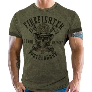 LOBO NEGRO® T-Shirt im used vintage Look für Feuerwehr-Männer - Firefighter Brotherhood grün XXL