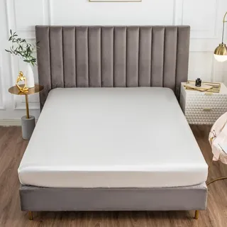 Treer Satin Spannbettlaken Spannbetttuch Bett, Seide Spannbetttuch Matratzenschoner für Bettw Sche bis 30cm Matratzenschoner (weiß,90x200cm)