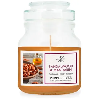Purple River kleine Duftkerze im Glas mit Deckel | Sandalwood Mandarin | Duftkerze Sandelholz | Sojawachskerze | Raumduft für Zuhause | Geschenke für Frauen